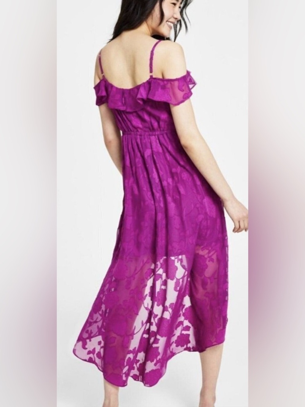 BCX Bright Fuchsia Cold-Shoulder Ruffle High-Low Dress - Picture 2 of 8